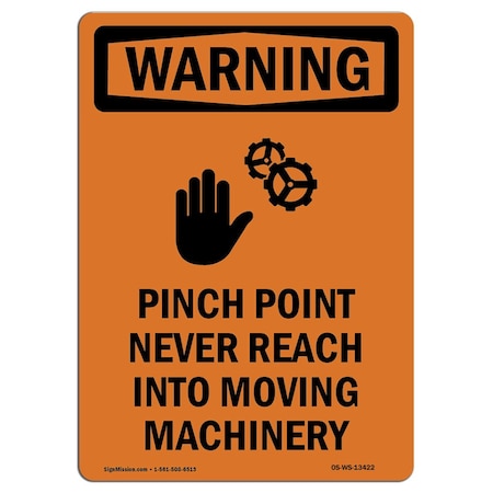 OSHA WARNING Sign, Pinch Point Never W/ Symbol, 7in X 5in Decal
